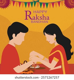 A Happy Raksha Bandhan design featuring a brother and sister celebrating the festival, with the sister tying a rakhi on her brother’s wrist, symbolizing the bond of protection and love