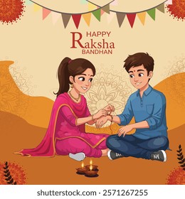 A Happy Raksha Bandhan design showcasing a traditional celebration with a brother and sister seated together, surrounded by festive decorations and cultural elements