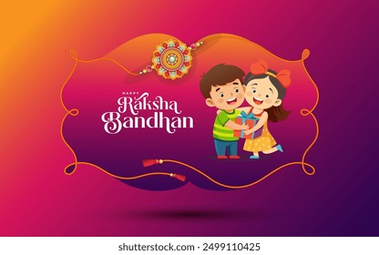 Happy Raksha Bandhan Festival Background Template Design with with Brother and Sister Cartoon Illustration
