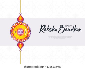 Happy Raksha Bandhan festival banner template. Traditional rakhi amulet given to sisters by brothers as sign of protection and hand written tagline. Hindu culture. Saluno, Silono or Rakri celebration.