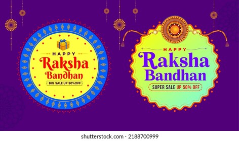 Happy Raksha Bandhan Festival traditional banner with flat rakhi logo unit, poster, card, gift, Design, Rakhi, Symbol, Sign, India, sister, sigh, symbol, offer logo