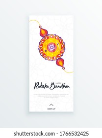 Happy Raksha Bandhan festival vertical story template. Traditional rakhi amulet to sisters from brothers as sign of protection and handwritten tag. Hindu culture. Saluno, Silono or Rakri celebration.