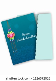 Happy Raksha Bandhan greeting card design with beautiful rakhi (wristband) and envelope.  