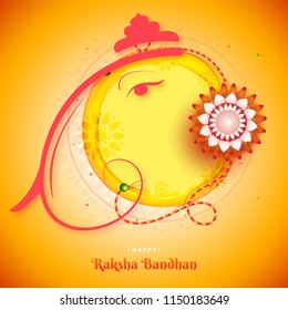 Happy Raksha Bandhan greeting card design with illustration of Lord Ganesha and beautiful floral rakhi (Wristband).