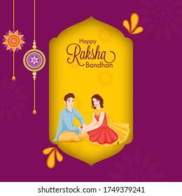 Happy Raksha Bandhan greeting card design with beautiful young girl tying rakhi on her brother wrist.