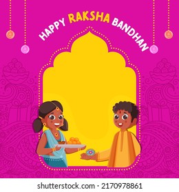 Happy Raksha Bandhan Greeting Card With Indian Kids Celebrating Festival Of Rakhi On Yellow And Pink Paisley Pattern Background.