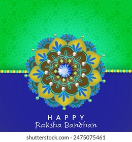 Happy Raksha Bandhan Greeting Card with Beautiful Flower Rakhi on Green and Blue Background.