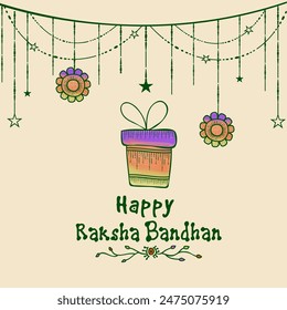 Happy Raksha Bandhan Greeting Card with Gift Box, Hanging Rakhi and Stars Decorated on Beige Background.