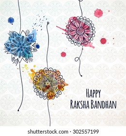 Happy Raksha Bandhan greeting card for indian holiday with original ornamental bangle. Vector illustration