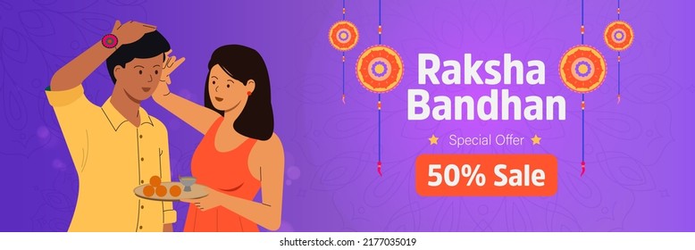 Happy Raksha Bandhan Hindi Typography And Rakhi Festival Celebrating Indian Brother And Sister Vector Illustration With Offer Banner Design For Social Media