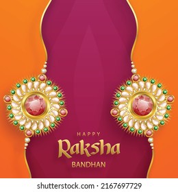 Happy Raksha Bandhan, the Indian festival, with rakhi elements and crystal on color background