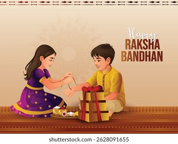 Happy raksha bandhan indian festival celebration card with brother and sister vector illustration
