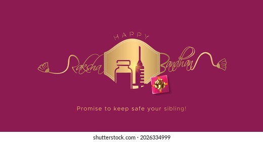 happy Raksha Bandhan Rakhi festival concept with covid 19 corona safety mask and vaccine