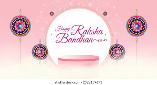 Happy Raksha Bandhan sale banner template. podium with hanging raksha bandhan