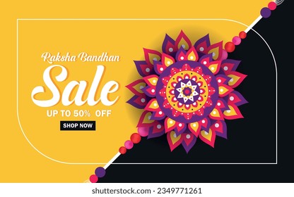 Happy Raksha Bandhan Sale banner design with with colourful Rakhi