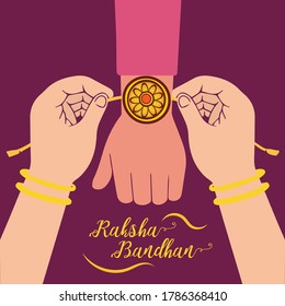 Happy Raksha Bandhan, sister tying rakhi to brother greeting poster, card, vector illustration