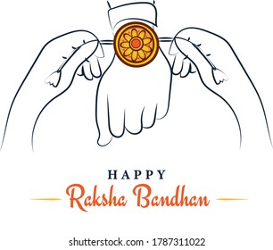 Feliz Raksha Bandhan, hermana amarrando rakhi al hermano, afiche de saludo esquemático, tarjeta, ilustración plana, vector