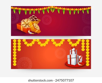 Happy Raksha Bandhan Social Media Banner or Header Set with Beautiful Rakhi, Gift Boxes, Sweet and Copy Space.