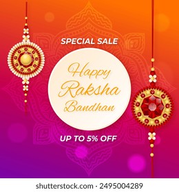 Happy Raksha Bandhan. Special Sale Up to 5% off. Vector illustration. Brother Sister Bond. Rakhi Offer. Rakhi (Wrist band) Sale.