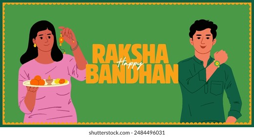 Happy Raksha Bandhan text with brother and sister celebrating Raksha Bandhan Festival elements and vector illustration for social media post