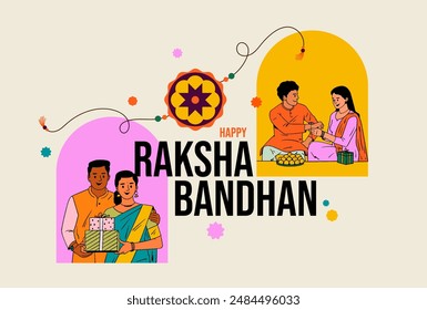 Happy Raksha Bandhan text with brother and sister celebrating Raksha Bandhan Festival elements and vector illustration for social media post