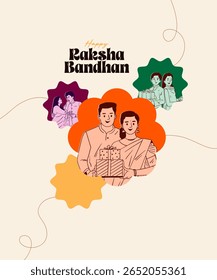 Happy Raksha Bandhan text with brother and sister celebrating Raksha Bandhan Festival elements and vector illustration for social media post