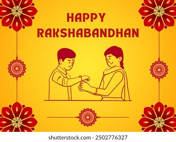 Happy Raksha Bandhan typography in red font with brother and sister. Vector illustration in yellow gradient background. Sister tying rakhi to brother. Brother and sister love and bond concept.