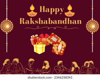 Happy Rakshabandhan. Happy Rakhi vector illustration with maroon background, gifts and chocolates.  svg