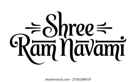 Happy Ram Navami calligraphy text with arrow element, black typography isolated on white background for Hindu festival celebration, religious greeting card design.