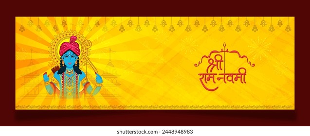 Happy Ram Navami festival of India Banner Cover Design. Lord Rama with arrow. vector illustration design with Hindi calligraphy meaning Shree Ram Navami