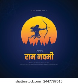 Tarjeta de felicitación de Happy Ram Navami y diseño de publicaciones en redes sociales. Celebración del Señor Ram Navami del Festival Indio con Ilustración vectorial de texto en hindi