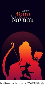 Happy Ram Navami portrait Vector Background Design with Silhouette Lord Rama Illustration. Shree Ram Navami celebration background for religious holiday of India. Ram Navmi with Lord Ram vector.
