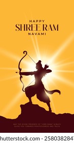 Happy Ram Navami portrait Vector Background Design with Silhouette Lord Rama Illustration. Shree Ram Navami celebration background for religious holiday of India. Ram Navmi with Lord Ram vector.
