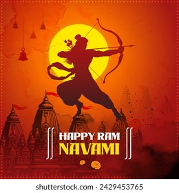 Happy Ram Navami Vector Background Design with Silhouette Aiming Lord Rama Illustration