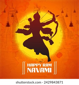 Happy Ram Navami Vector Background Design with Silhouette Aiming Lord Rama Illustration