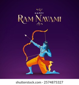 Happy Ram Navami Vector Background Design with Silhouette Lord Rama Illustration. Shree Ram Navami celebration background for religious holiday of India. Shree Ram Navmi with Lord Ram vector.