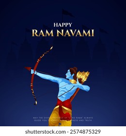 Happy Ram Navami Vector Background Design with Silhouette Lord Rama Illustration. Shree Ram Navami celebration background for religious holiday of India. Shree Ram Navmi with Lord Ram vector.