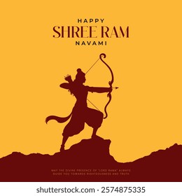 Happy Ram Navami Vector Background Design with Silhouette Lord Rama Illustration. Shree Ram Navami celebration background for religious holiday of India. Shree Ram Navmi with Lord Ram vector.