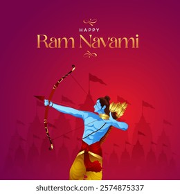 Happy Ram Navami Vector Background Design with Silhouette Lord Rama Illustration. Shree Ram Navami celebration background for religious holiday of India. Shree Ram Navmi with Lord Ram vector.