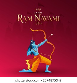 Happy Ram Navami Vector Background Design with Silhouette Lord Rama Illustration. Shree Ram Navami celebration background for religious holiday of India. Shree Ram Navmi with Lord Ram vector.