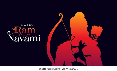 Happy Ram Navami Vector Background Design with Silhouette Lord Rama Illustration. Shree Ram Navami celebration background for religious holiday of India. Shree Ram Navmi with Lord Ram vector.