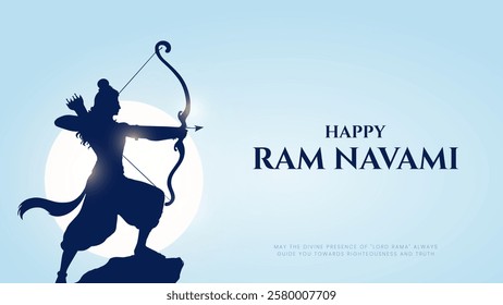 Happy Ram Navami Vector Background Design with Silhouette Lord Rama Illustration. Shree Ram Navami celebration background for religious holiday of India. Shree Ram Navmi with Lord Ram vector.
