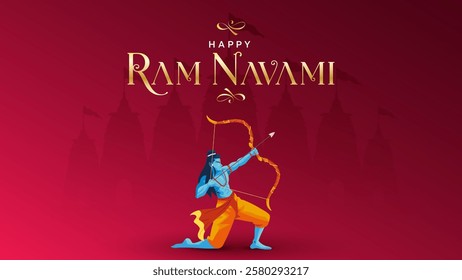 Happy Ram Navami Vector Background Design with Silhouette Lord Rama Illustration. Shree Ram Navami celebration background for religious holiday of India. Shree Ram Navmi with Lord Ram vector.
