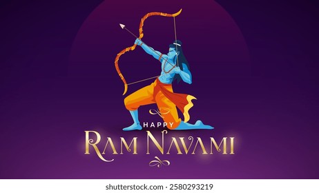 Happy Ram Navami Vector Background Design with Silhouette Lord Rama Illustration. Shree Ram Navami celebration background for religious holiday of India. Shree Ram Navmi with Lord Ram vector.
