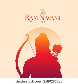 Happy Ram Navami Vector Background Design with Silhouette Lord Rama Illustration. Shree Ram Navami celebration background for religious holiday of India. Shree Ram Navmi with Lord Ram vector.
