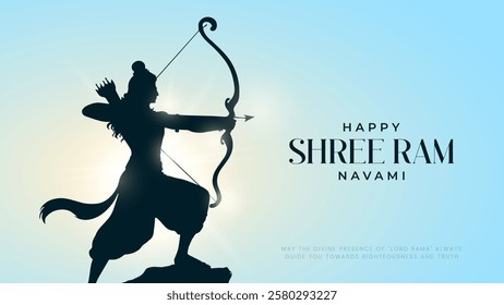 Happy Ram Navami Vector Background Design with Silhouette Lord Rama Illustration. Shree Ram Navami celebration background for religious holiday of India. Shree Ram Navmi with Lord Ram vector.
