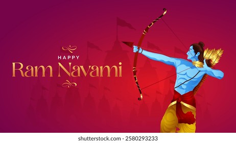 Happy Ram Navami Vector Background Design with Silhouette Lord Rama Illustration. Shree Ram Navami celebration background for religious holiday of India. Shree Ram Navmi with Lord Ram vector.
