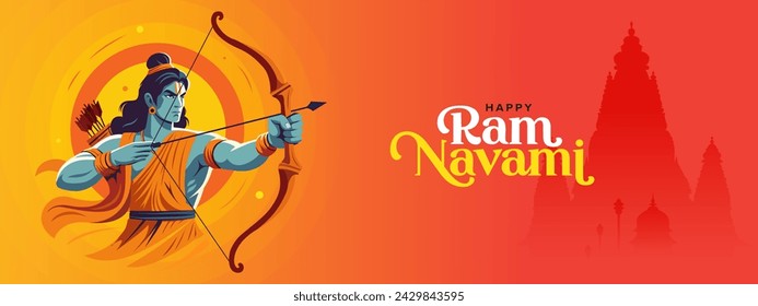 Feliz Ram Navami Vector Horizontal Banner Diseño de fondo con Lord Rama Ilustración