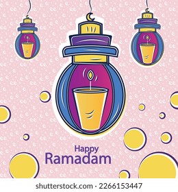 Happy ramadam kareem poster with lightbulbs and candle sketches Vector