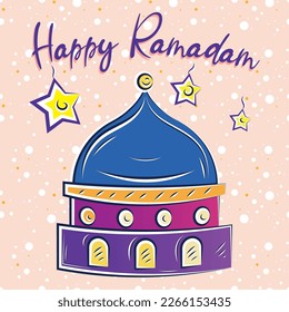 Happy ramadam kareem poster with stars and mosque sketch Vector